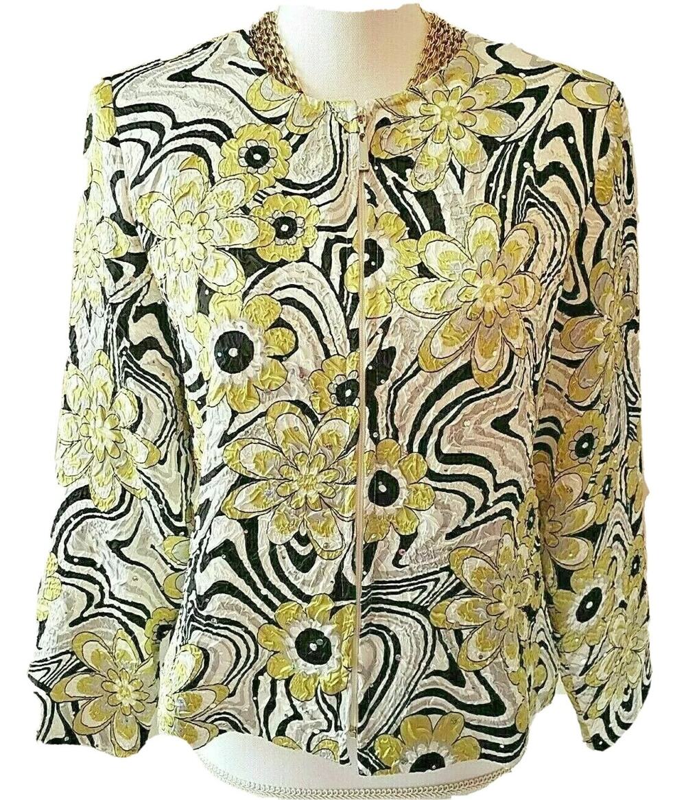 NWT Soft Works Petites Womens Green Yellow Floral Beaded Zip Up Jacket Size 6